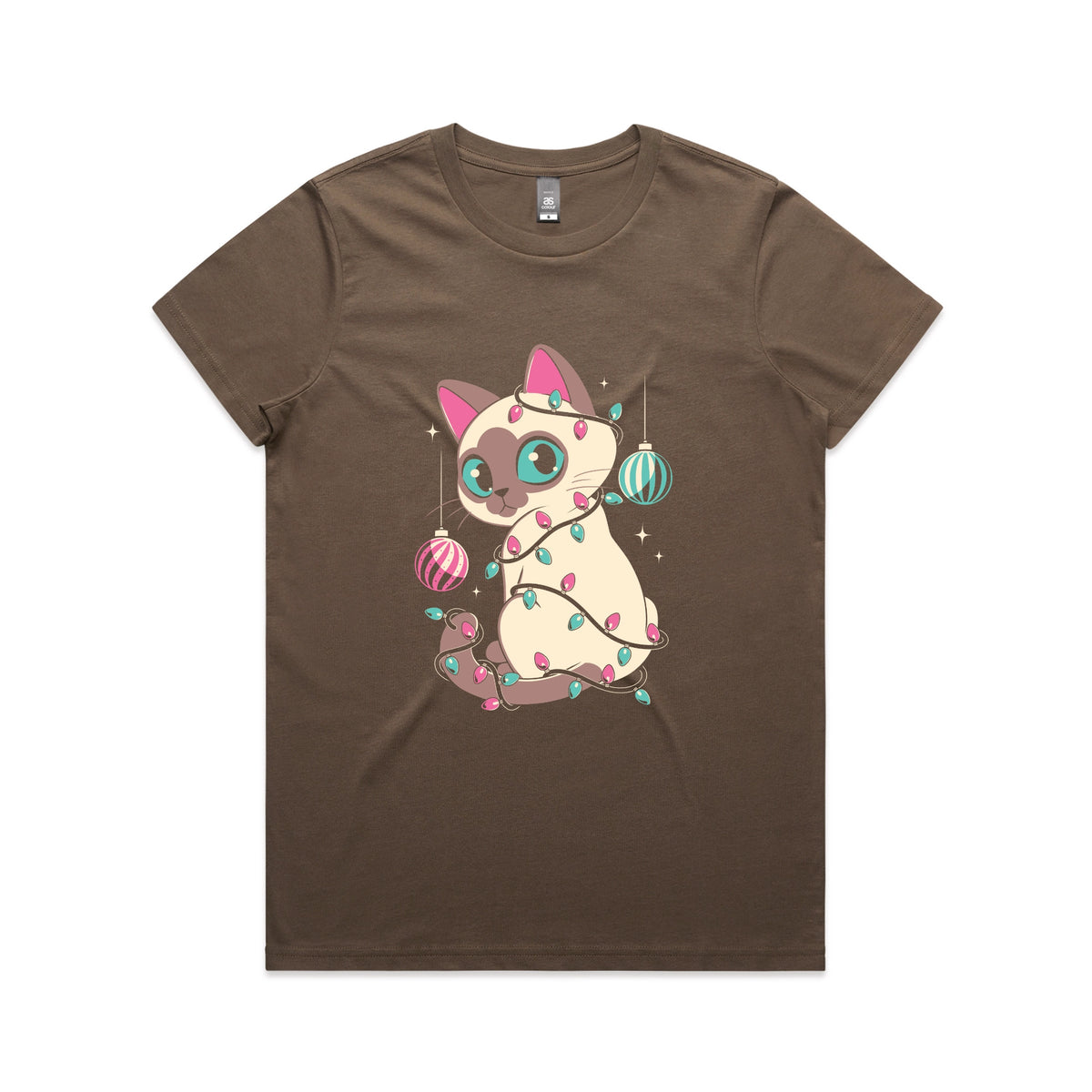 Walnut fitted womens t-shirt with Bauble Cat graphic by Lonely Kids Club