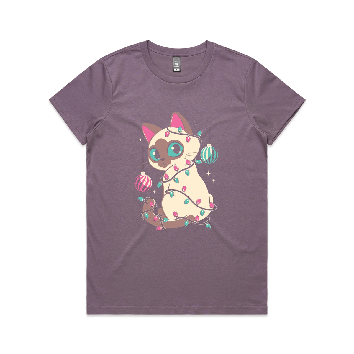 Mauve fitted womens t-shirt with Bauble Cat graphic by Lonely Kids Club