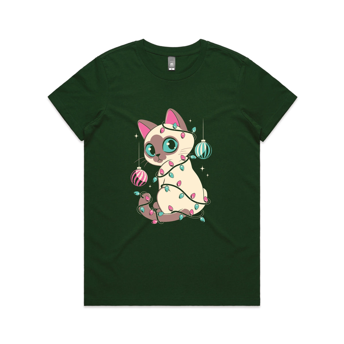 Forest Green fitted womens t-shirt with Bauble Cat graphic by Lonely Kids Club