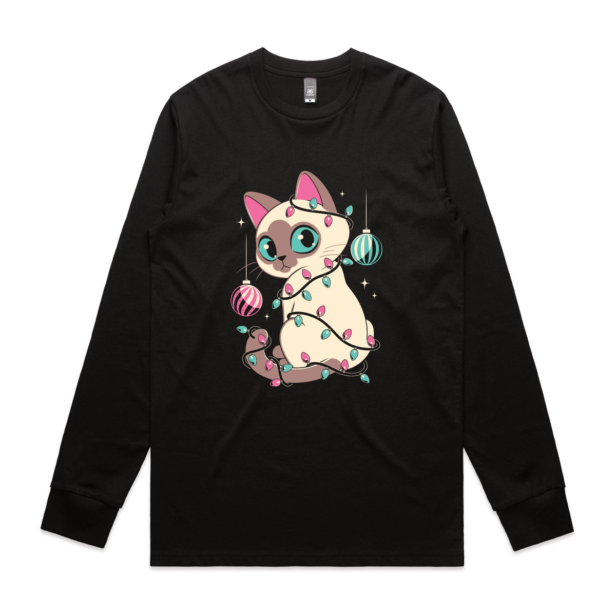 Black long sleeve t-shirt with Bauble Cat graphic by Lonely Kids Club