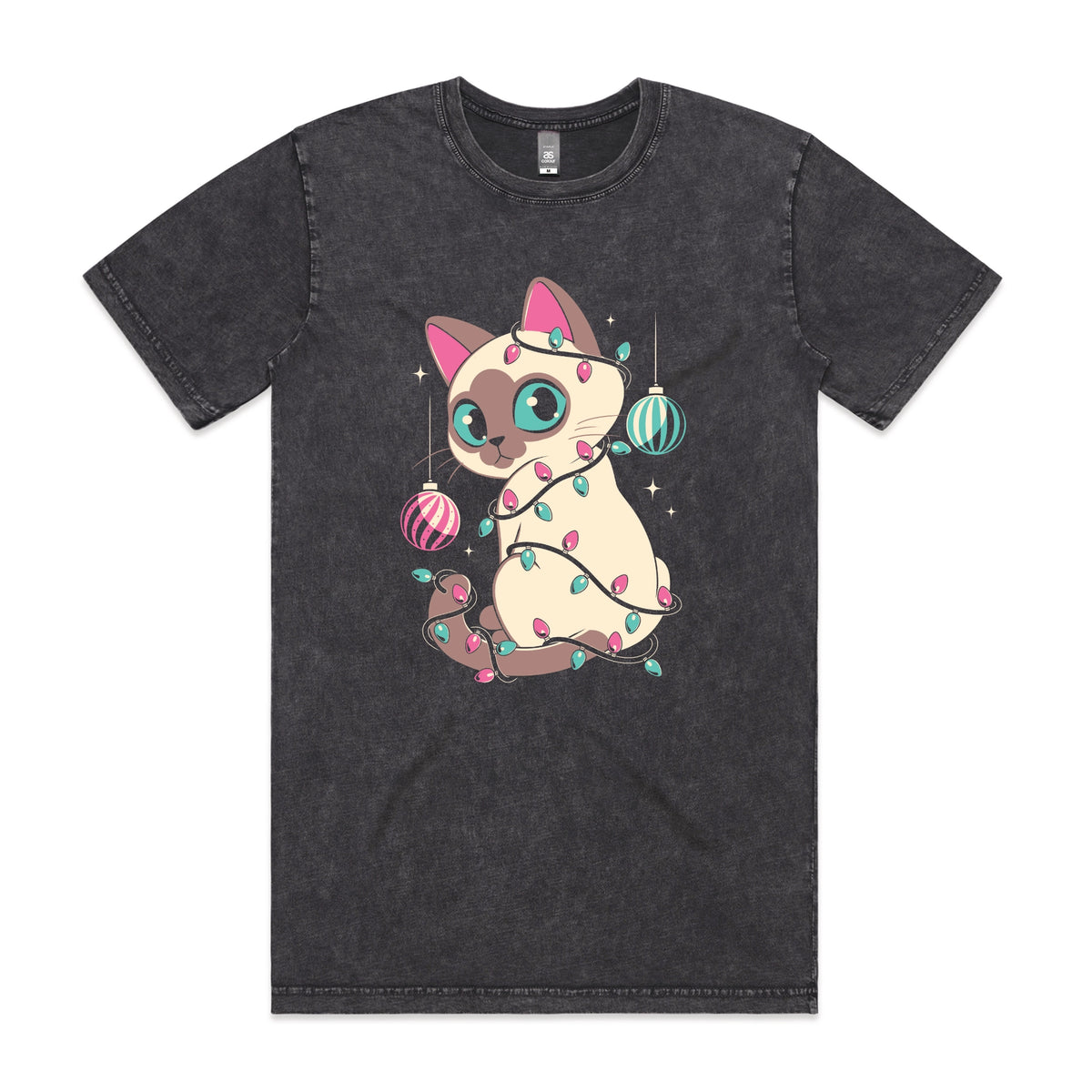 Acid Wash unisex t-shirt with Bauble Cat graphic by Lonely Kids Club