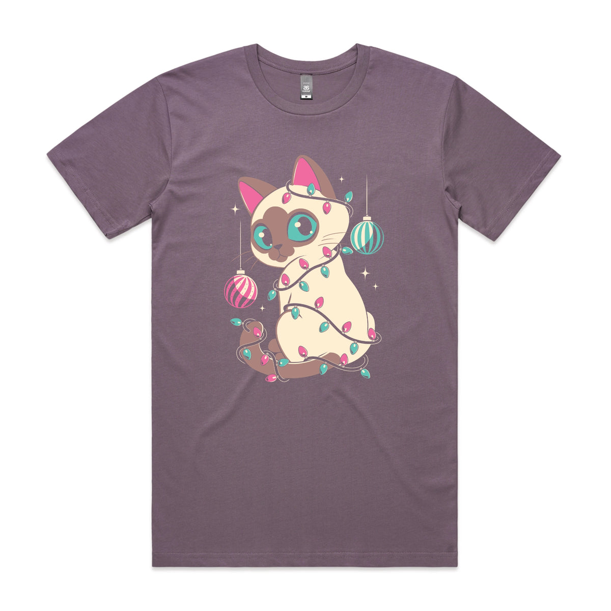 Mauve unisex t-shirt with Bauble Cat graphic by Lonely Kids Club