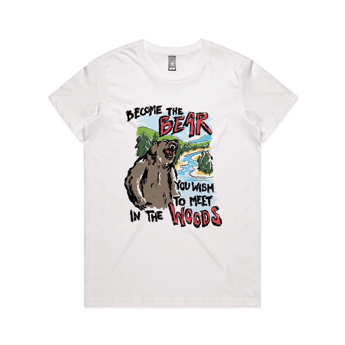 White fitted womens t-shirt with Become The Bear graphic by Lonely Kids Club