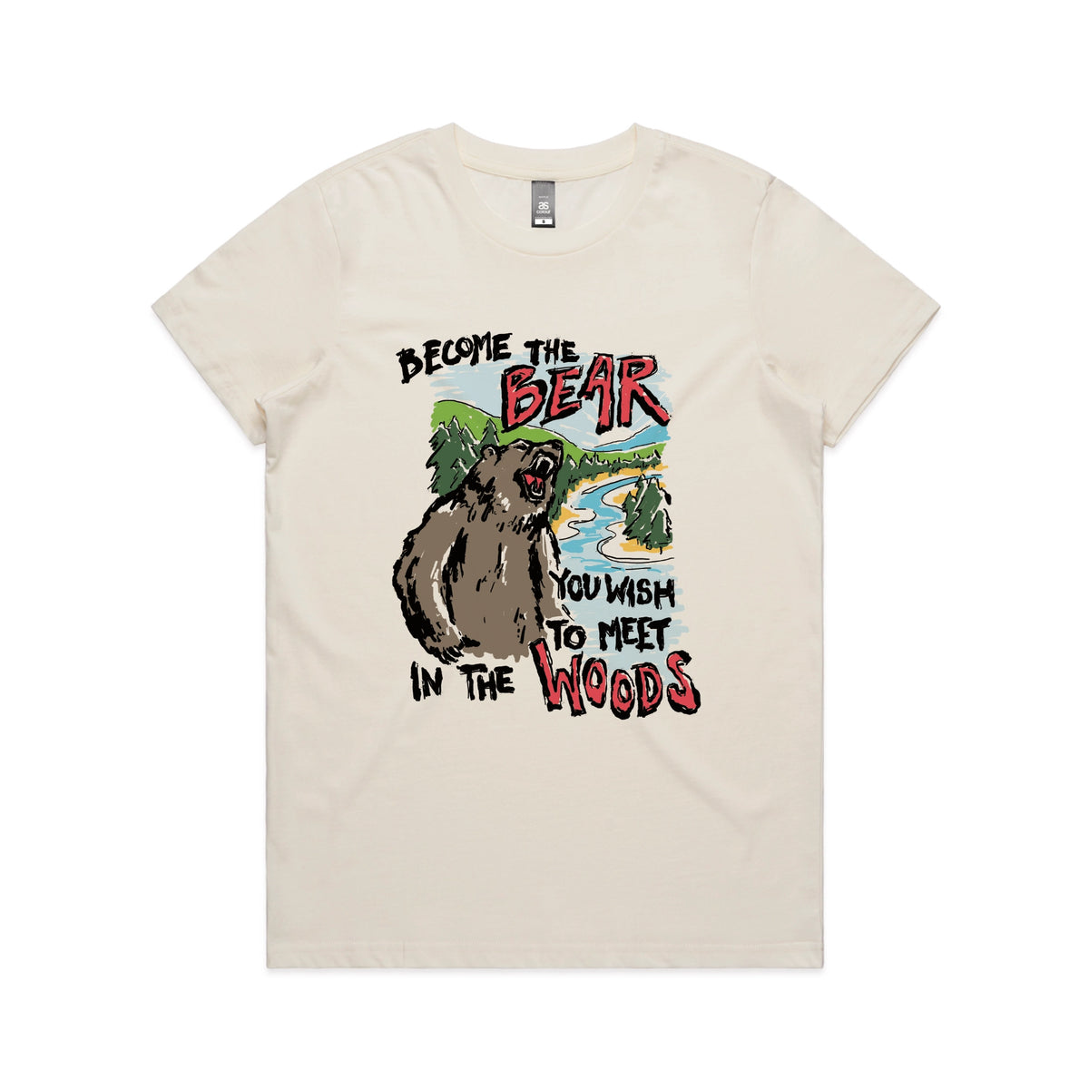 Ecru fitted womens t-shirt with Become The Bear graphic by Lonely Kids Club