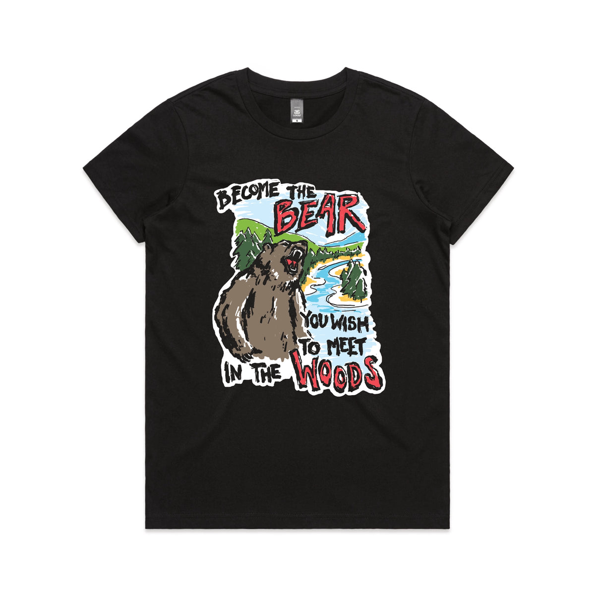 Black fitted womens t-shirt with Become The Bear graphic by Lonely Kids Club