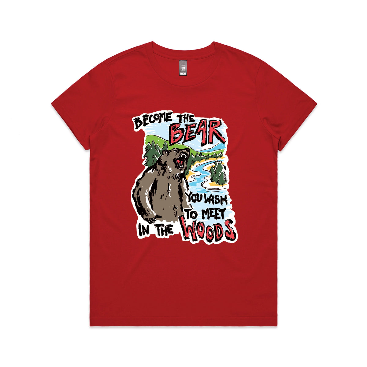 Red fitted womens t-shirt with Become The Bear graphic by Lonely Kids Club