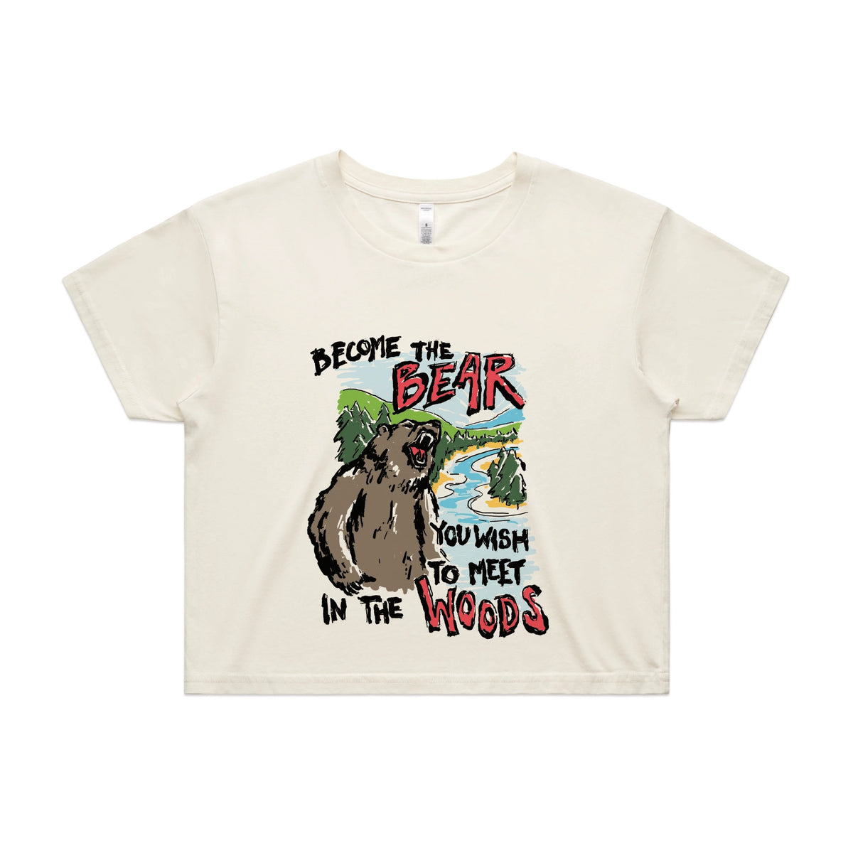 Ecru crop top with Become The Bear graphic by Lonely Kids Club