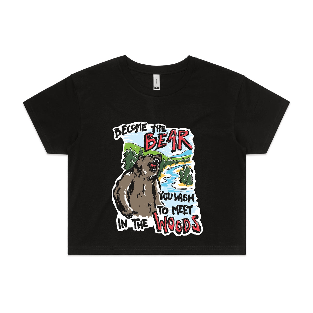 Black crop top with Become The Bear graphic by Lonely Kids Club
