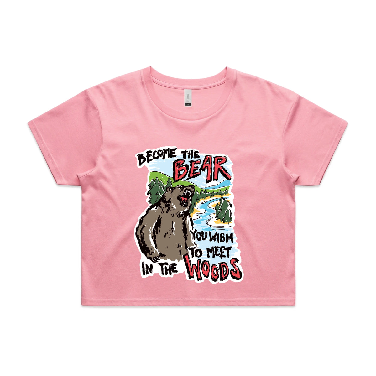 Bubblegum crop top with Become The Bear graphic by Lonely Kids Club