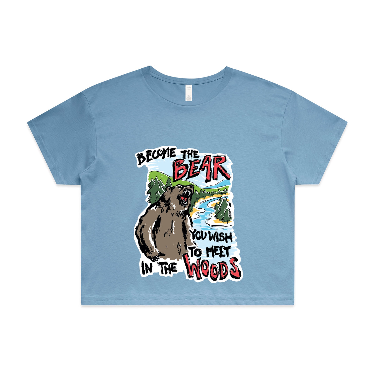 Carolina Blue crop top with Become The Bear graphic by Lonely Kids Club