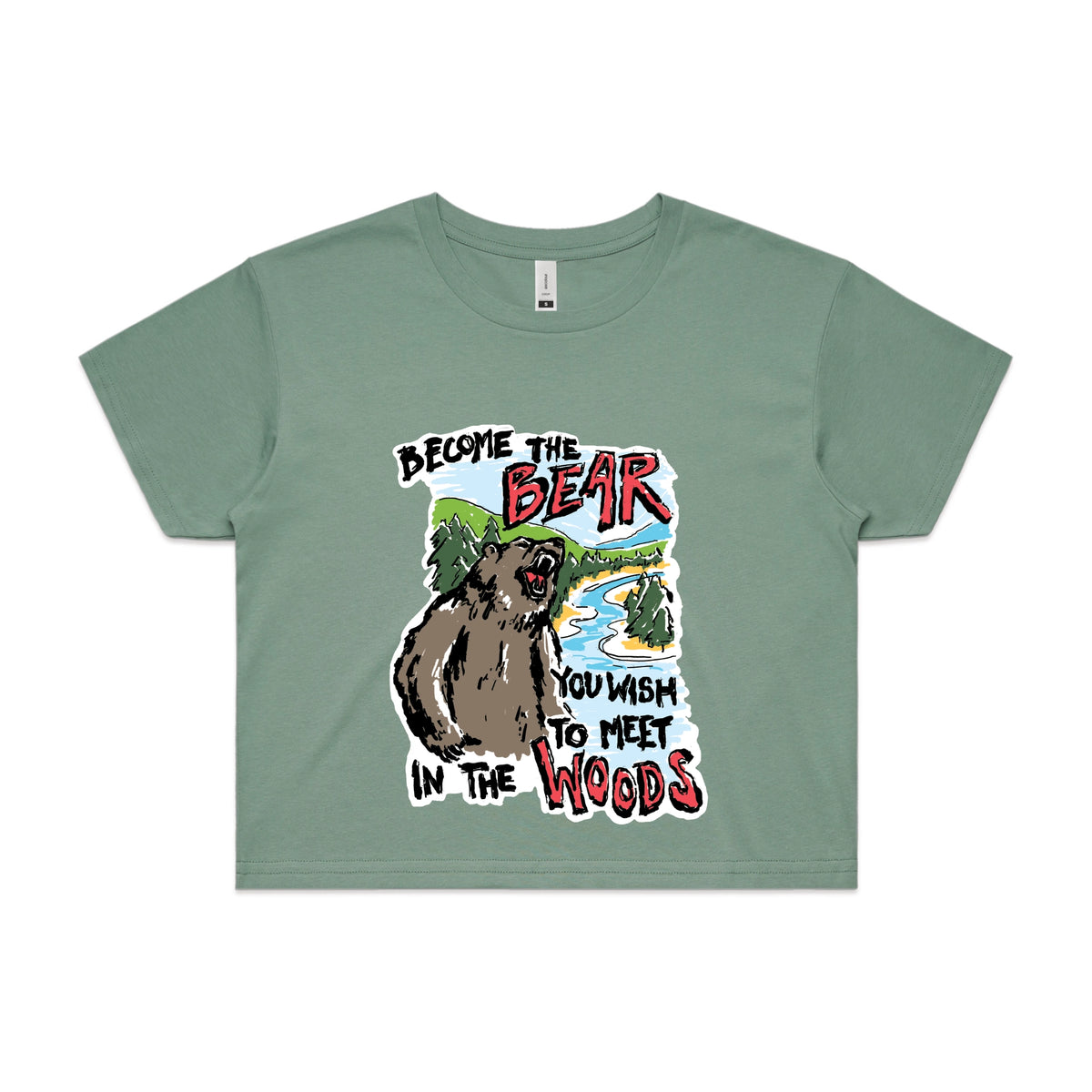 Sage crop top with Become The Bear graphic by Lonely Kids Club
