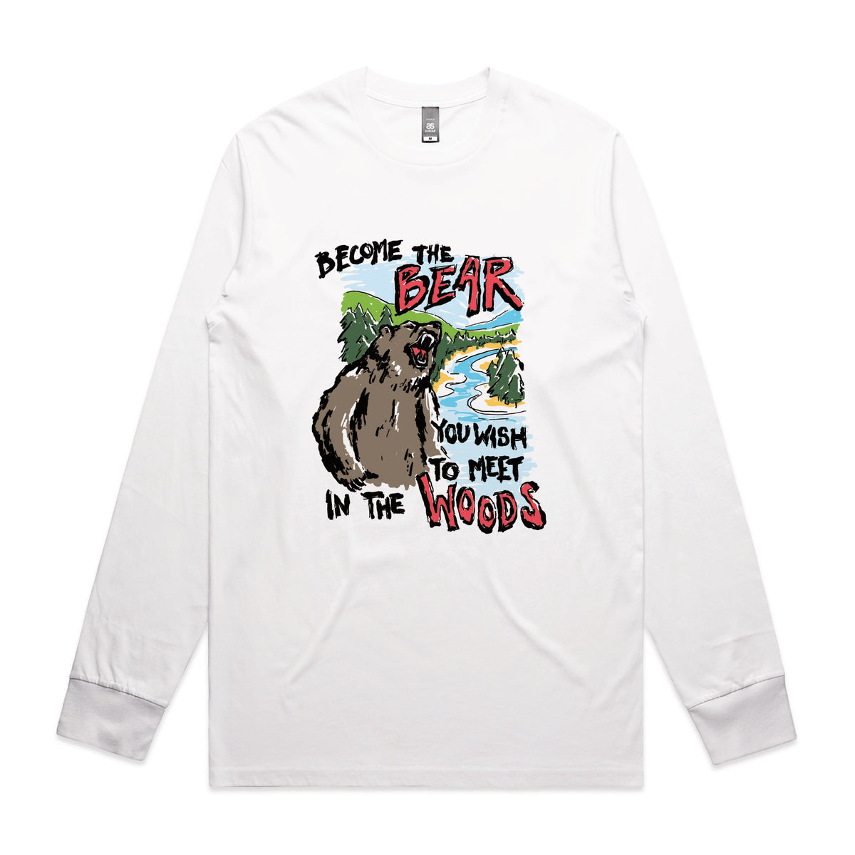 White long sleeve t-shirt with Become The Bear graphic by Lonely Kids Club