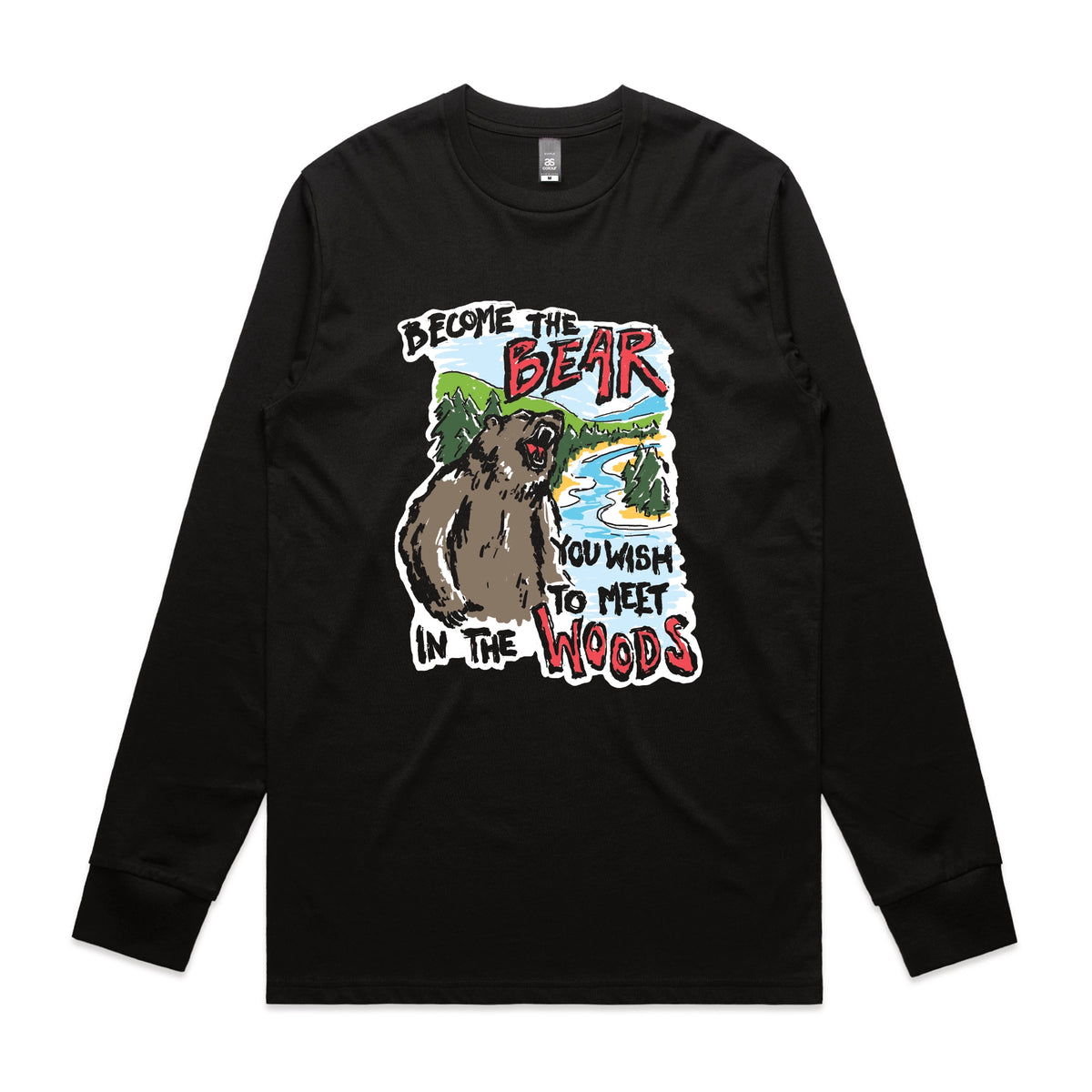 Black long sleeve t-shirt with Become The Bear graphic by Lonely Kids Club