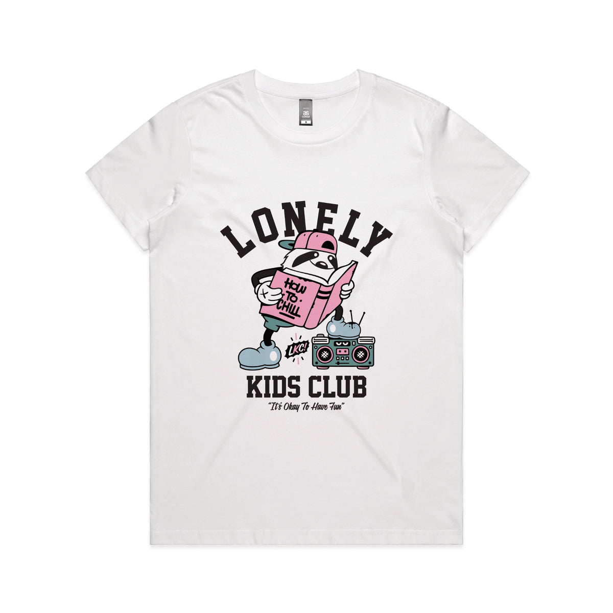 White fitted womens t-shirt with Campus graphic by Lonely Kids Club