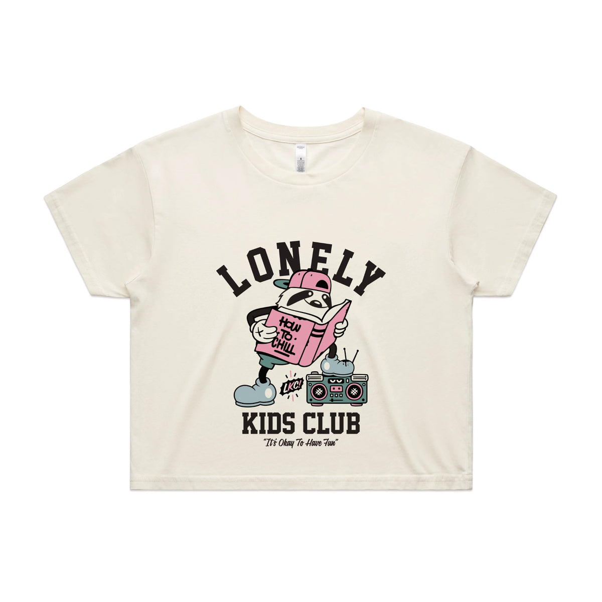 Ecru crop top with Campus graphic by Lonely Kids Club