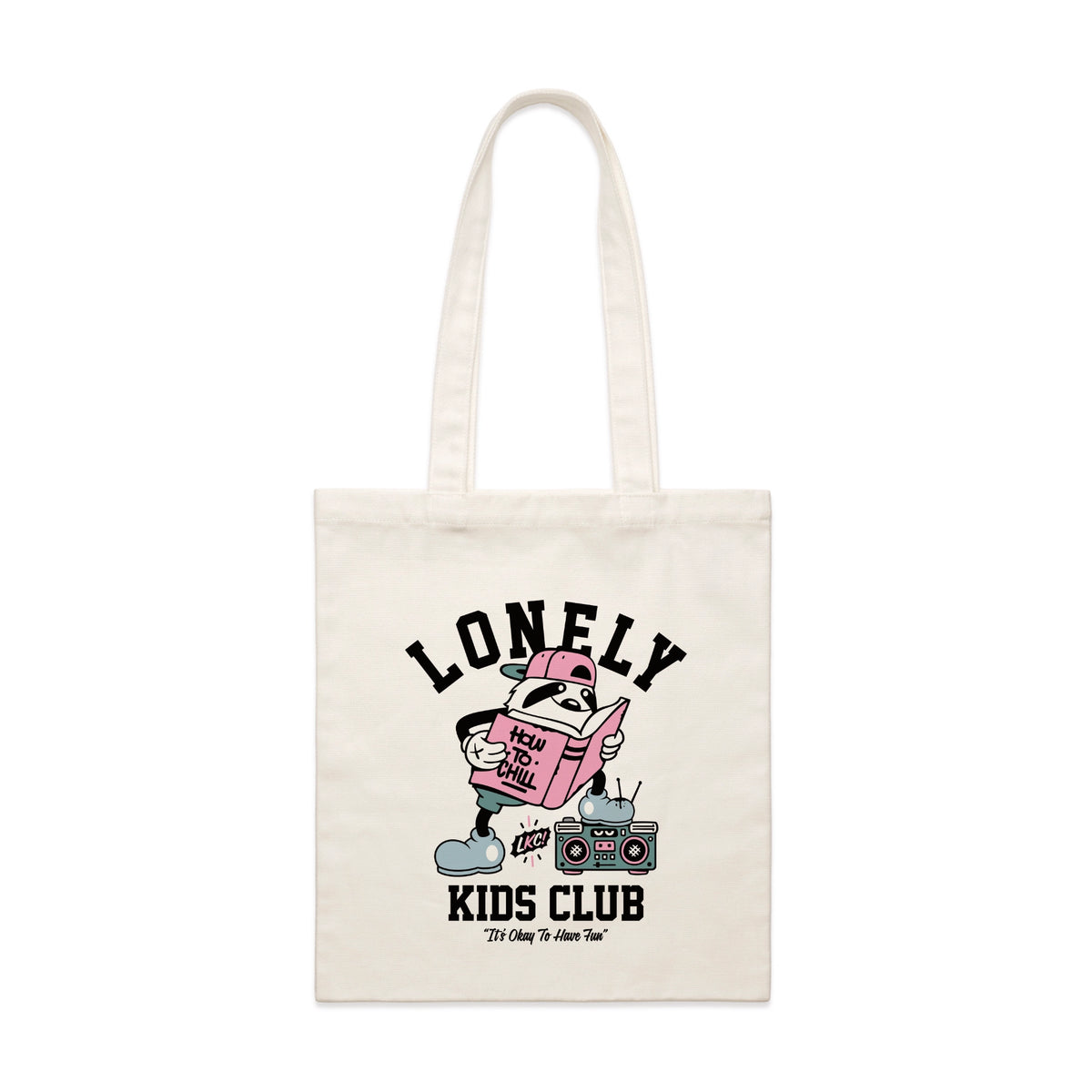 Cream parcel tote with Campus Tote graphic by Lonely Kids Club