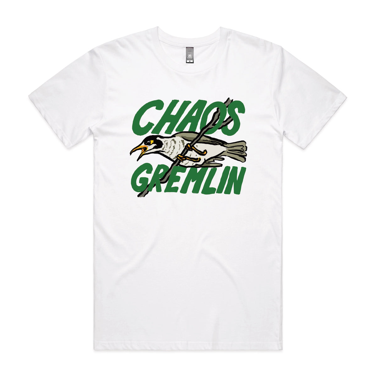 White unisex t-shirt with Chaos Gremlin graphic by Lonely Kids Club
