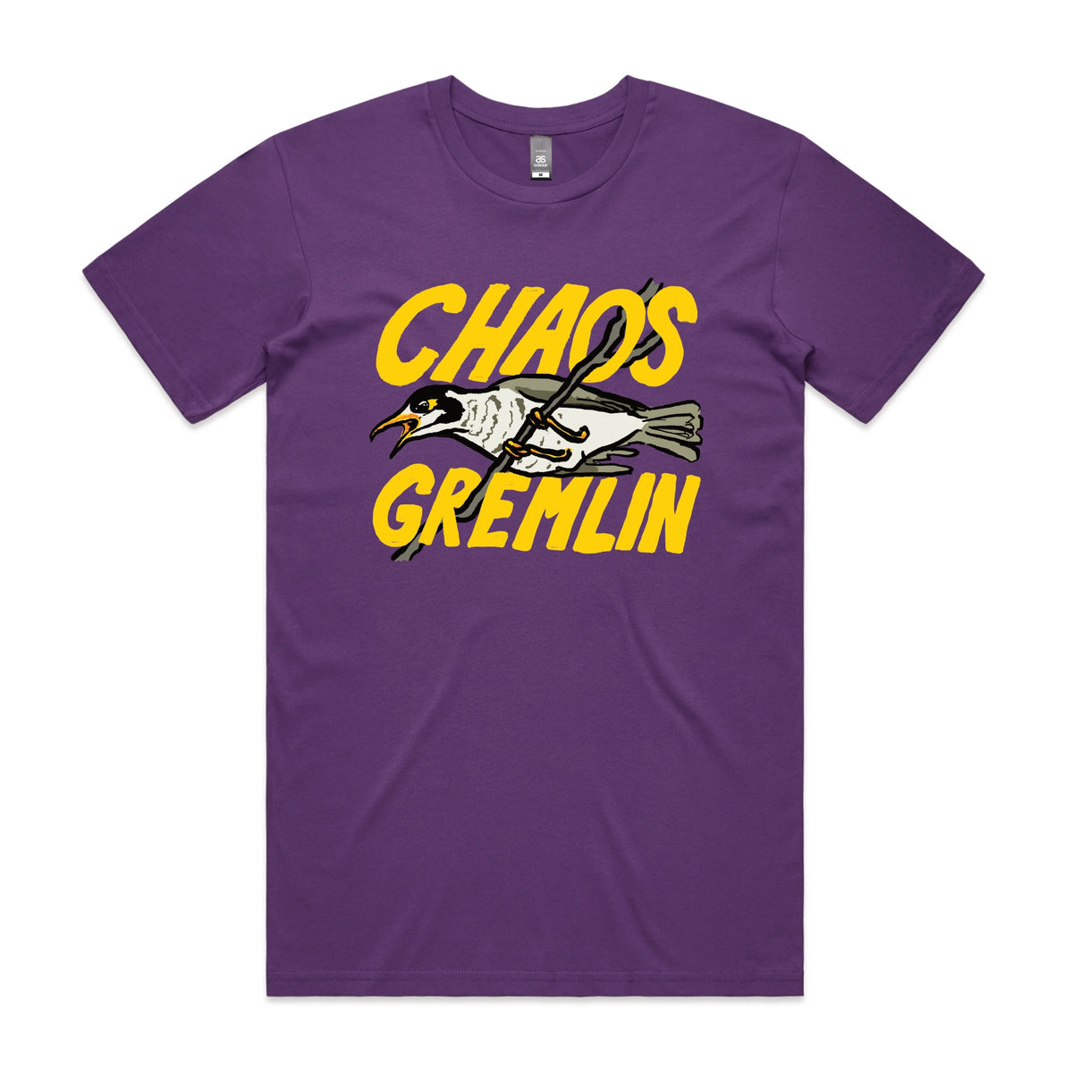 Purple unisex t-shirt with Chaos Gremlin graphic by Lonely Kids Club