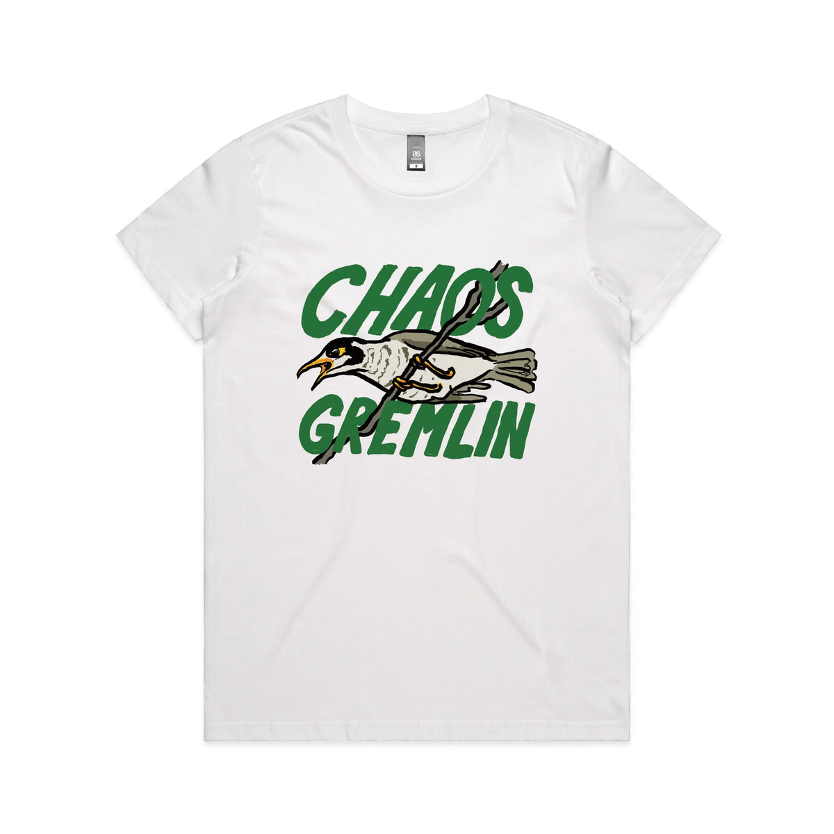 White fitted womens t-shirt with Chaos Gremlin graphic by Lonely Kids Club
