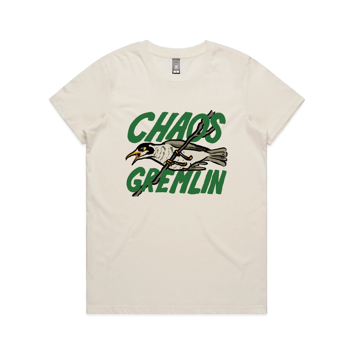Ecru fitted womens t-shirt with Chaos Gremlin graphic by Lonely Kids Club