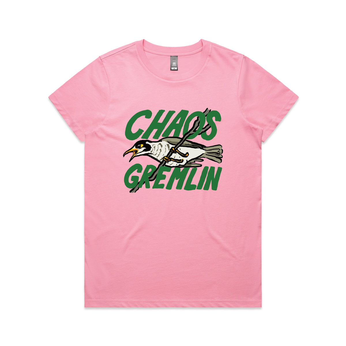 Bubblegum fitted womens t-shirt with Chaos Gremlin graphic by Lonely Kids Club