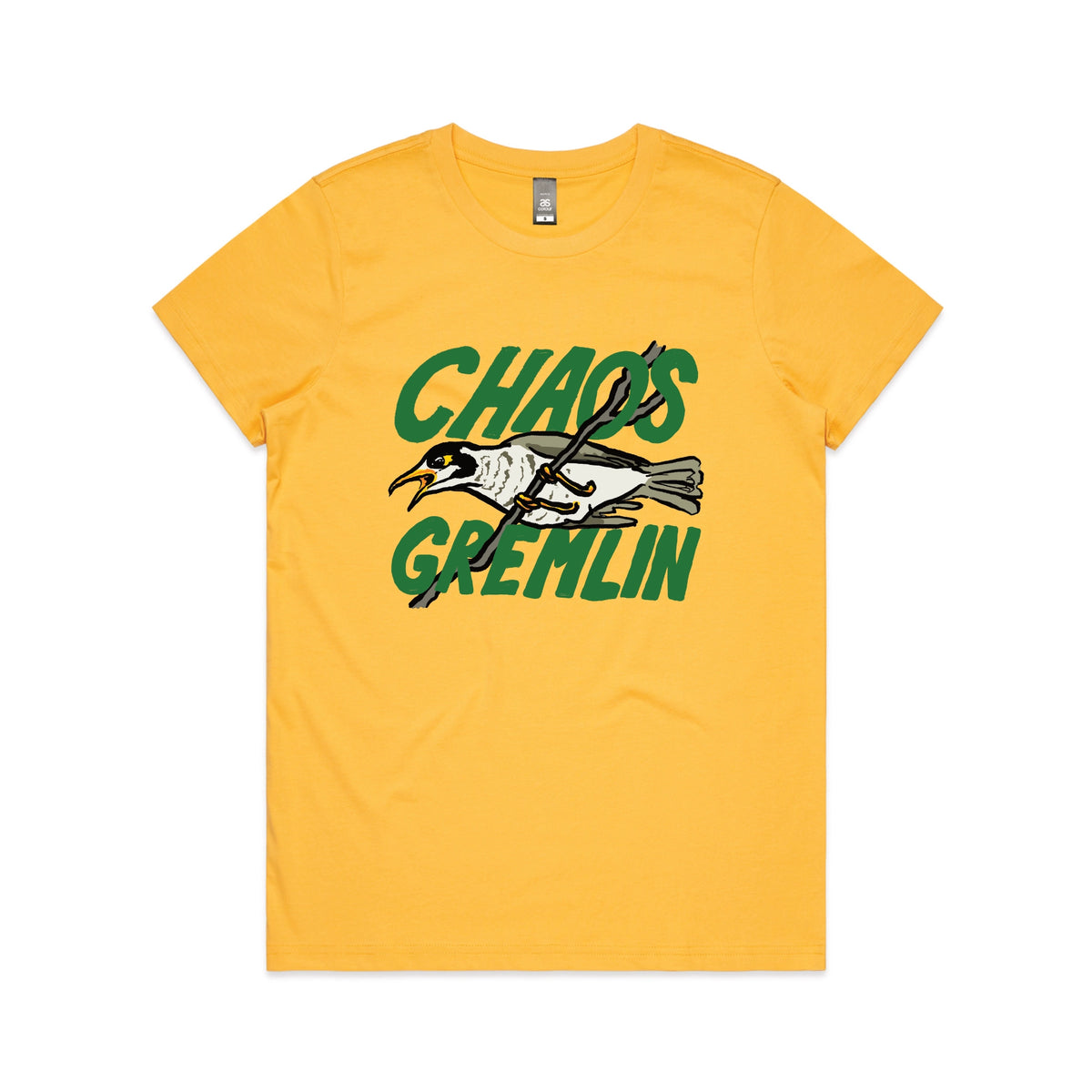Yellow fitted womens t-shirt with Chaos Gremlin graphic by Lonely Kids Club