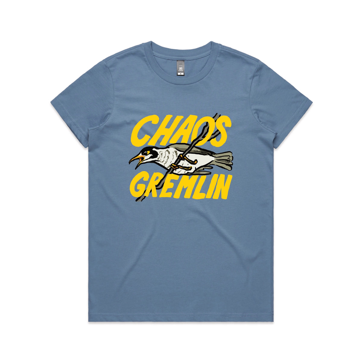 Carolina Blue fitted womens t-shirt with Chaos Gremlin graphic by Lonely Kids Club