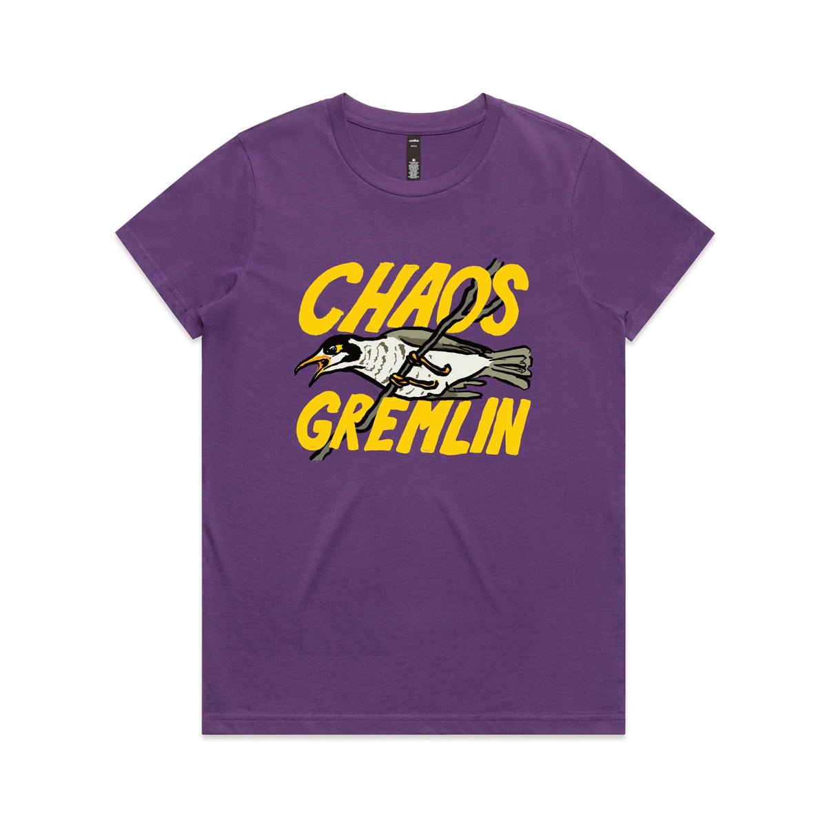 Purple fitted womens t-shirt with Chaos Gremlin graphic by Lonely Kids Club
