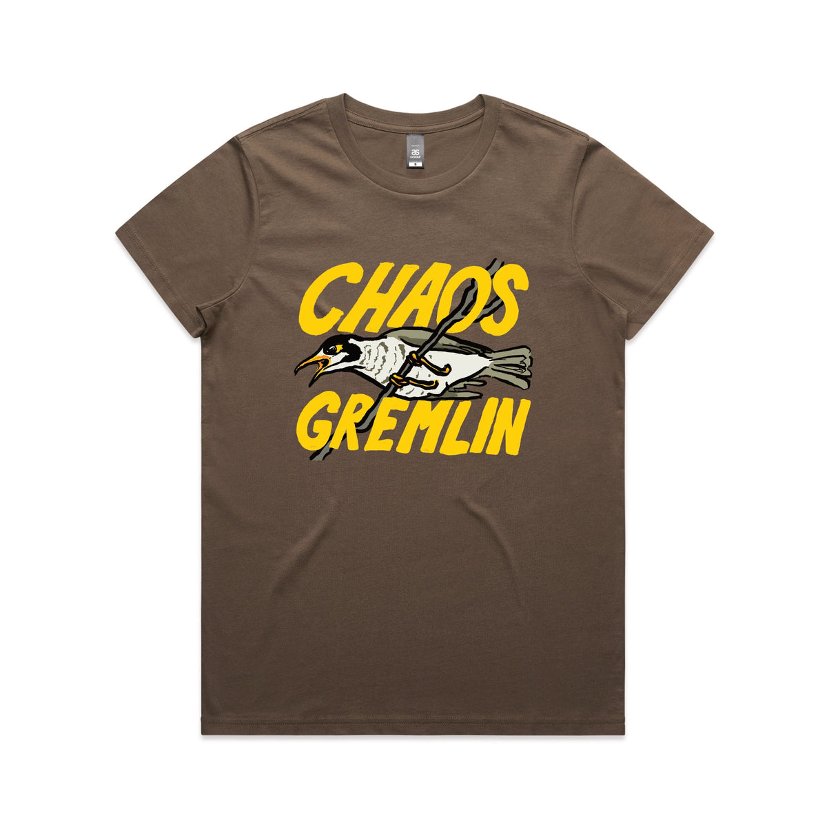 Walnut fitted womens t-shirt with Chaos Gremlin graphic by Lonely Kids Club
