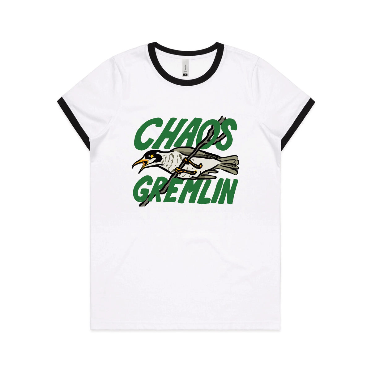 Black/White Ringer fitted womens t-shirt with Chaos Gremlin graphic by Lonely Kids Club