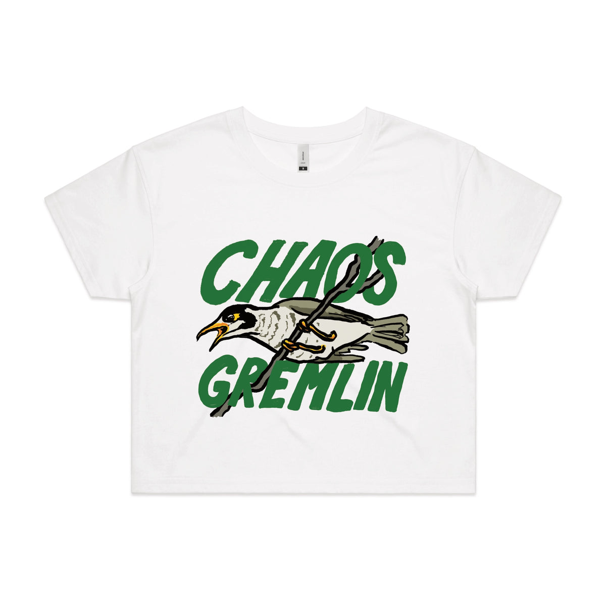 White crop top with Chaos Gremlin graphic by Lonely Kids Club