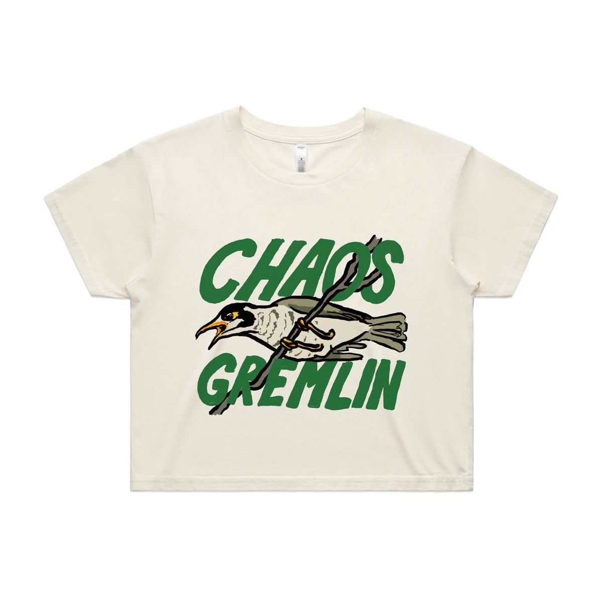 Ecru crop top with Chaos Gremlin graphic by Lonely Kids Club