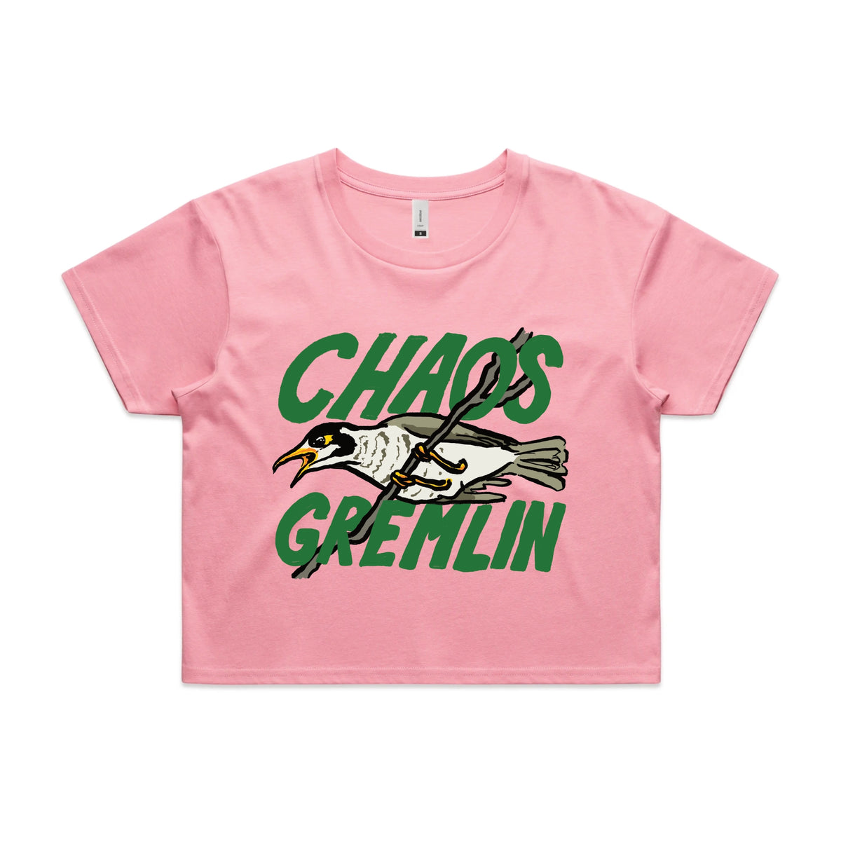 Bubblegum crop top with Chaos Gremlin graphic by Lonely Kids Club