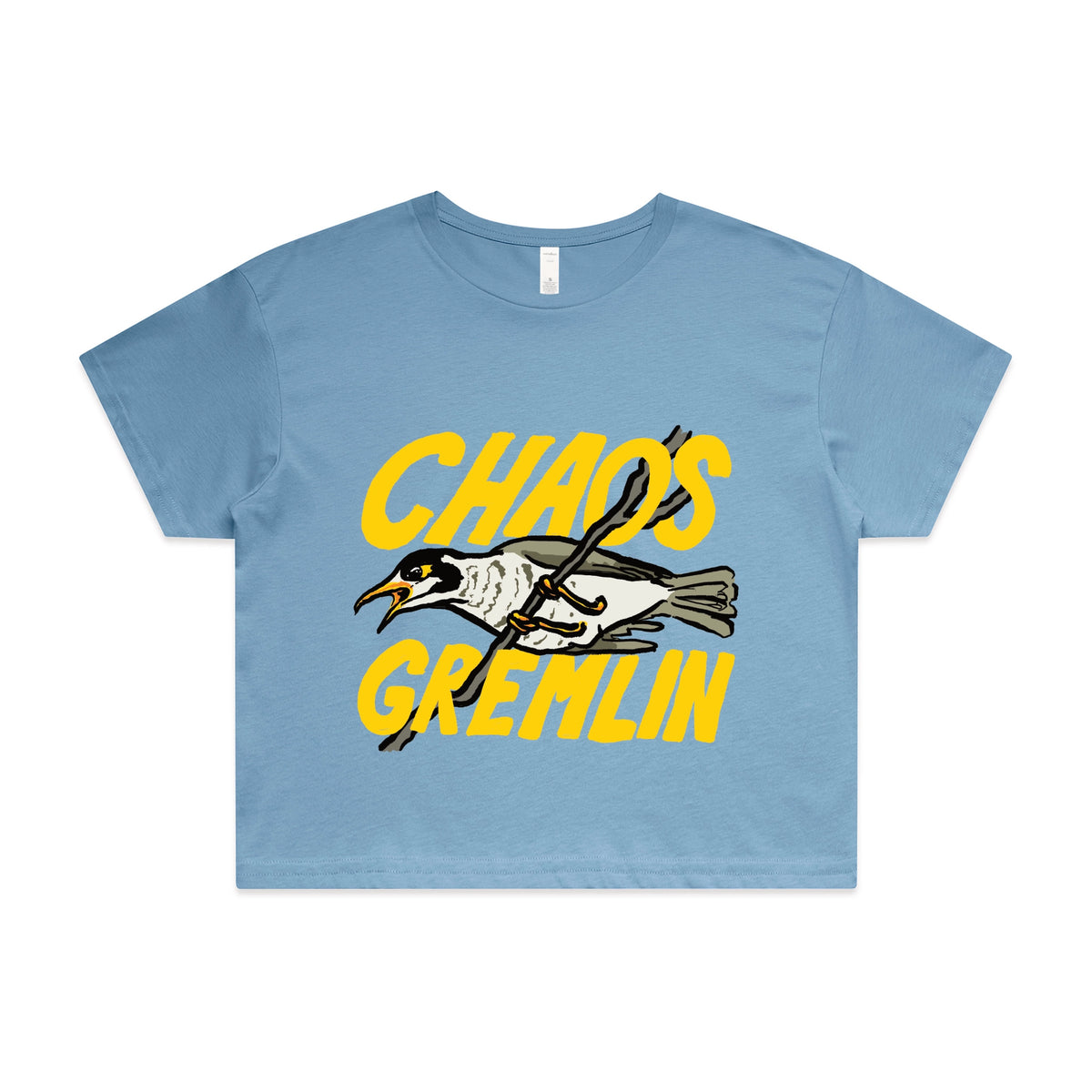 Carolina Blue crop top with Chaos Gremlin graphic by Lonely Kids Club