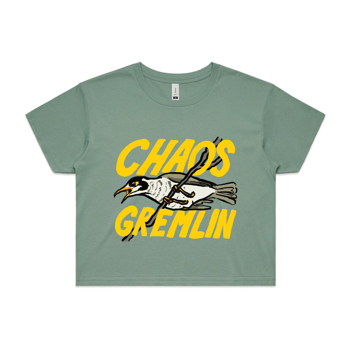 Sage crop top with Chaos Gremlin graphic by Lonely Kids Club