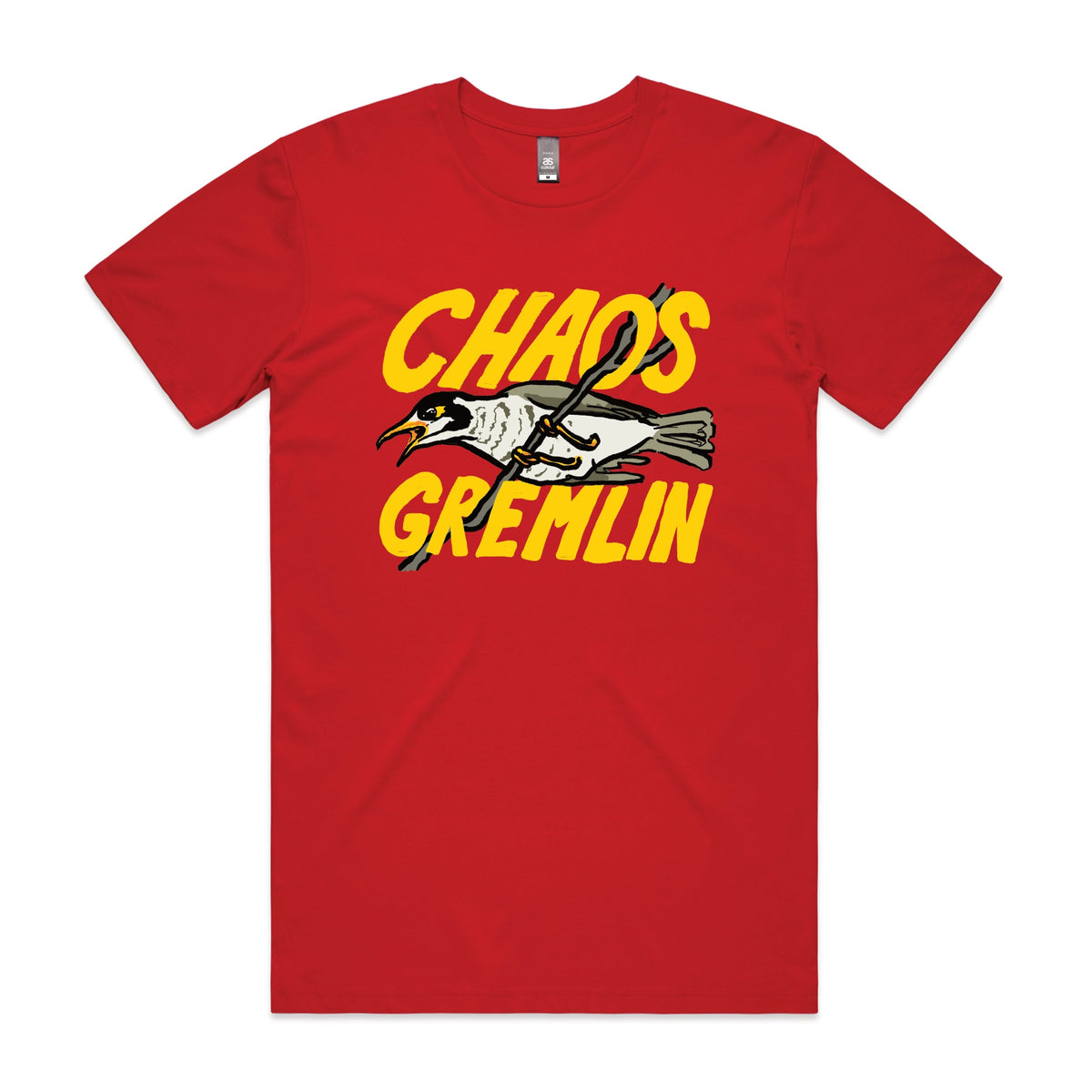 Red unisex t-shirt with Chaos Gremlin graphic by Lonely Kids Club