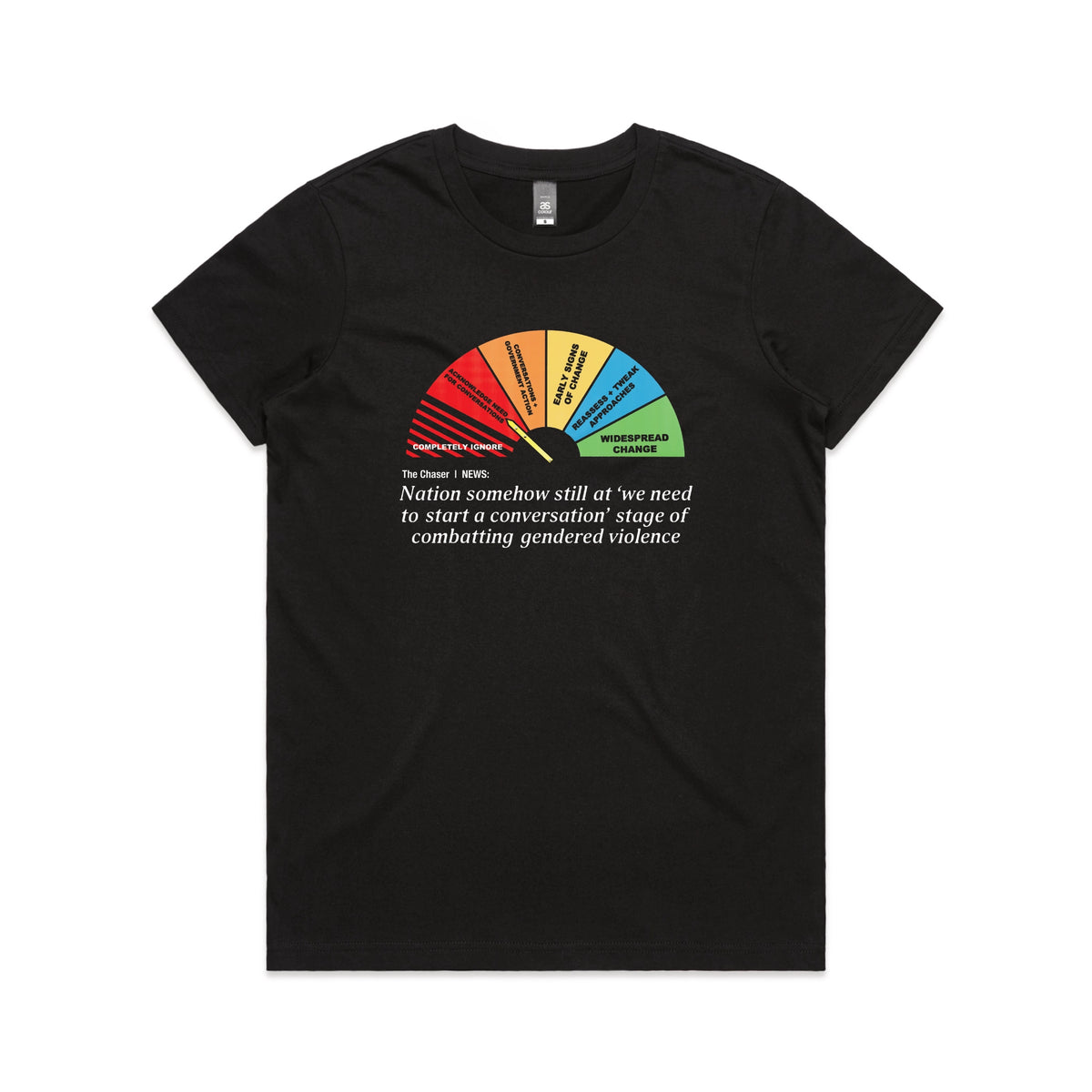 Black fitted womens t-shirt with Start A Conversation graphic by Lonely Kids Club