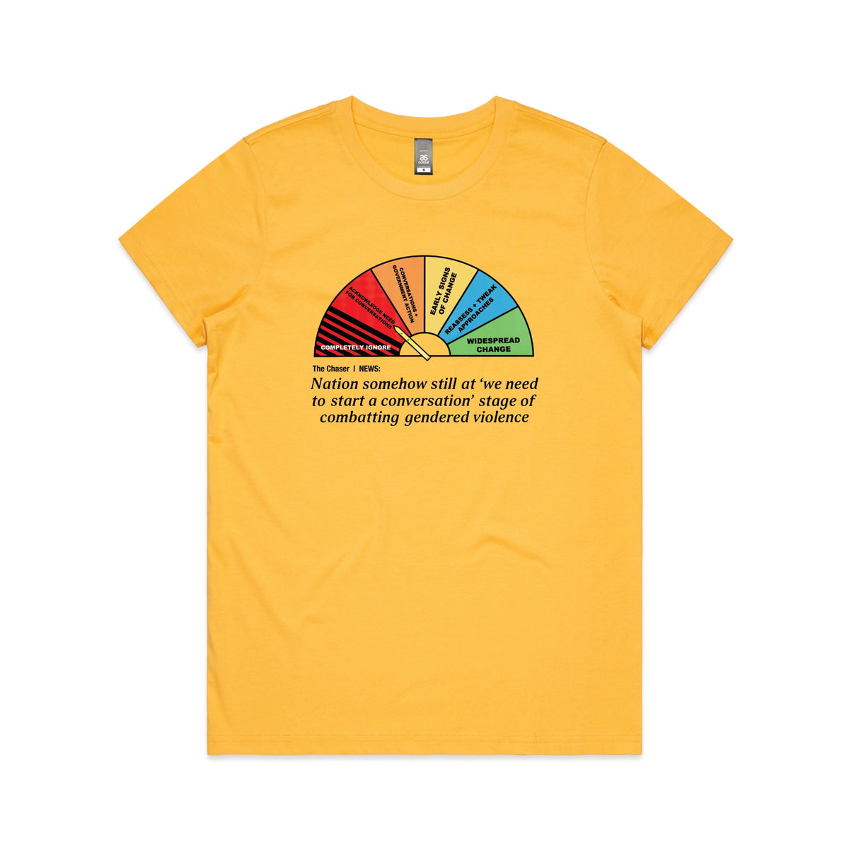Yellow fitted womens t-shirt with Start A Conversation graphic by Lonely Kids Club
