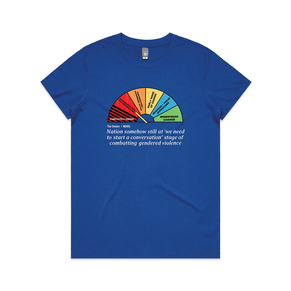 Royal Blue fitted womens t-shirt with Start A Conversation graphic by Lonely Kids Club