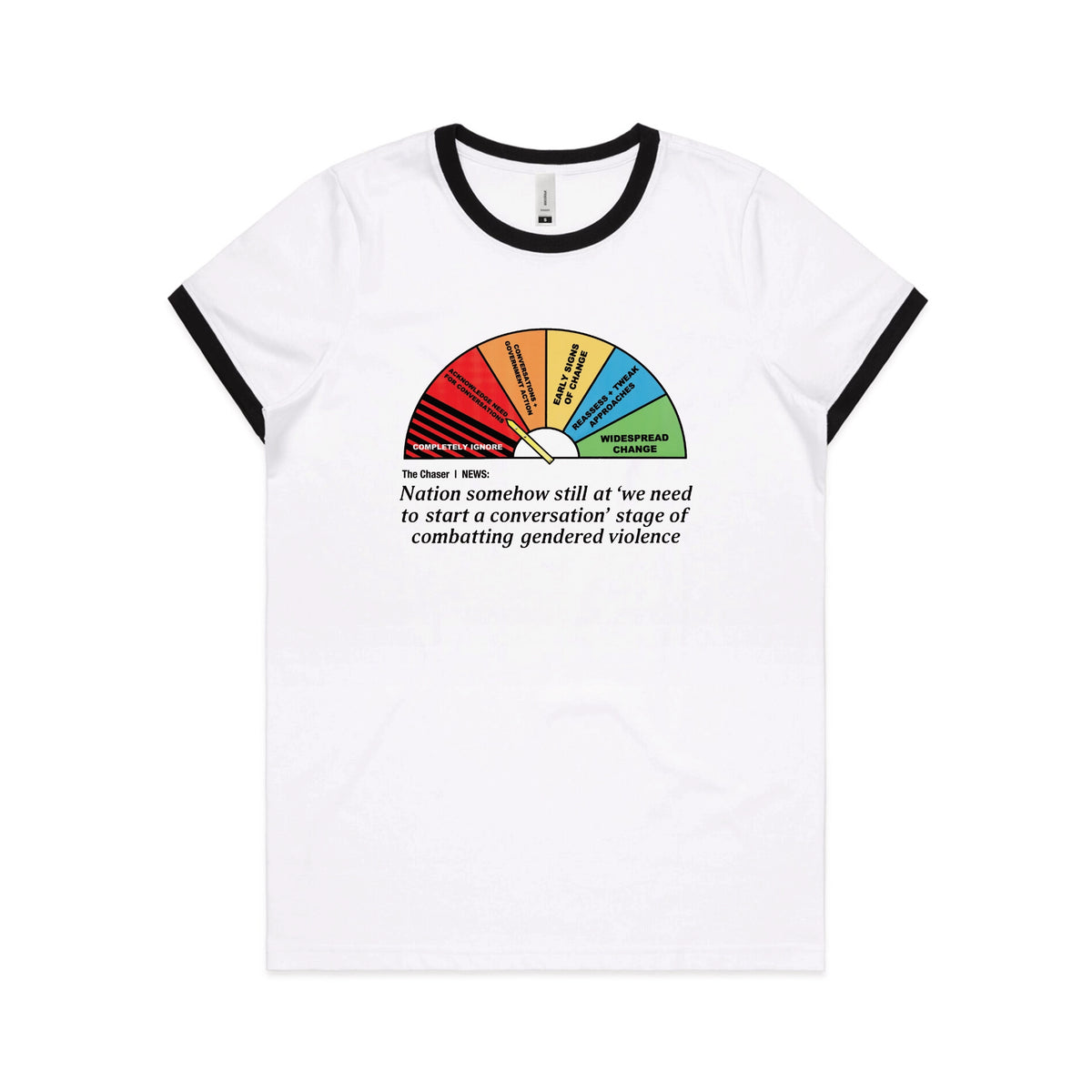 Black/White Ringer fitted womens t-shirt with Start A Conversation graphic by Lonely Kids Club