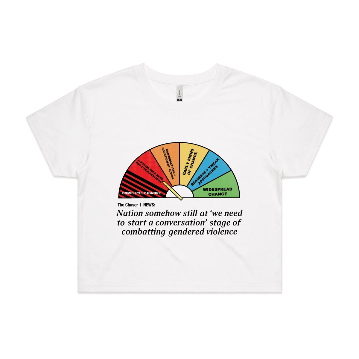 White crop top with Start A Conversation graphic by Lonely Kids Club