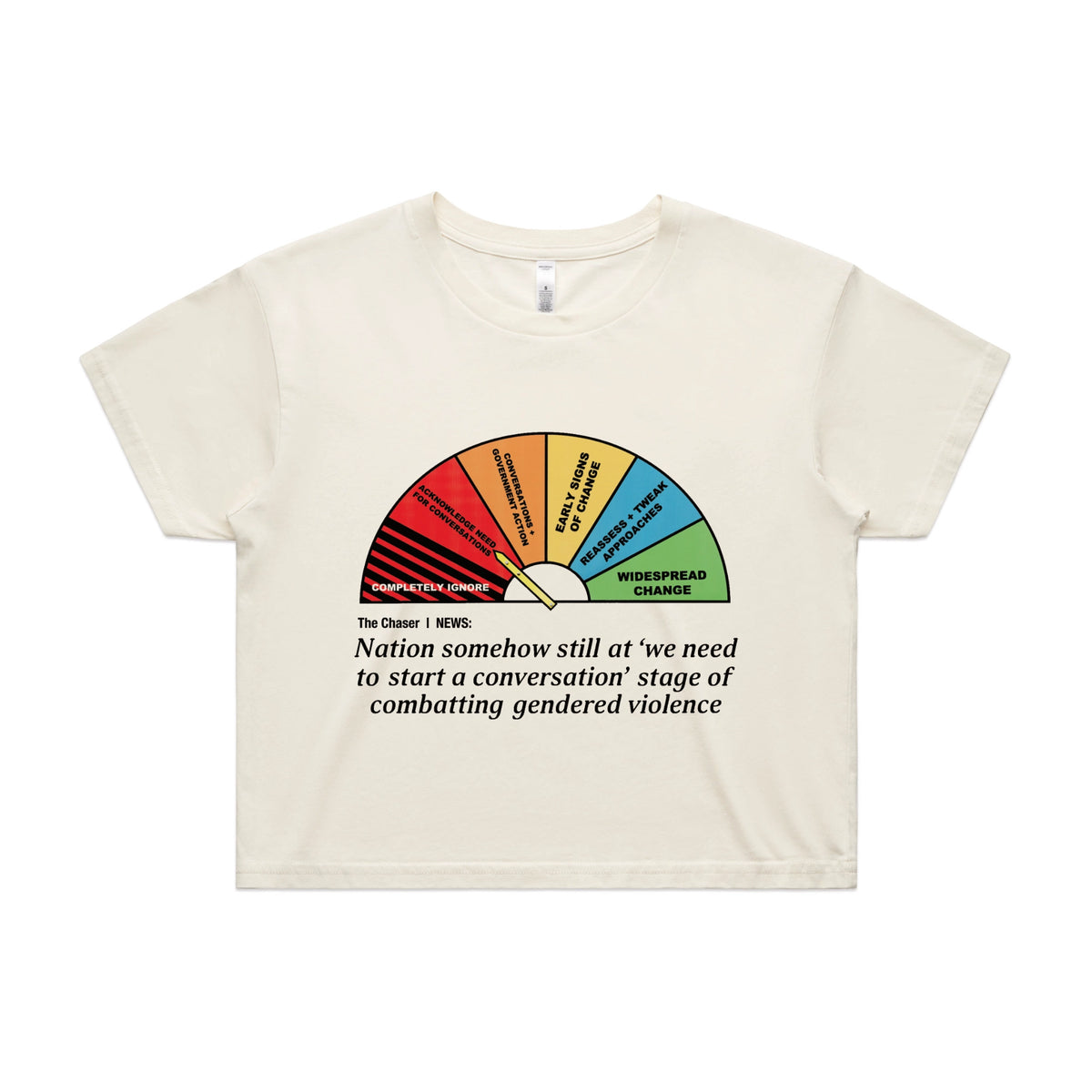 Ecru crop top with Start A Conversation graphic by Lonely Kids Club