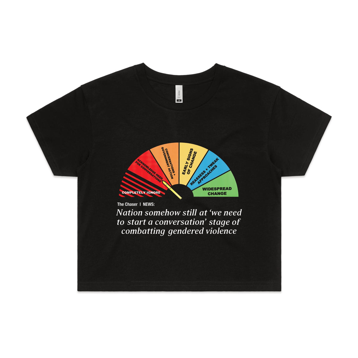 Black crop top with Start A Conversation graphic by Lonely Kids Club