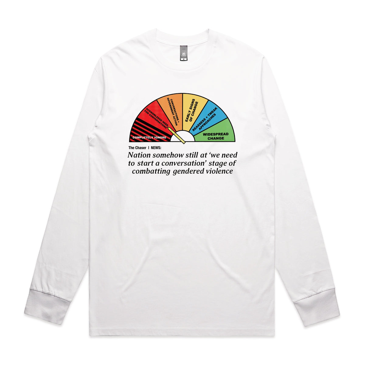White long sleeve t-shirt with Start A Conversation graphic by Lonely Kids Club