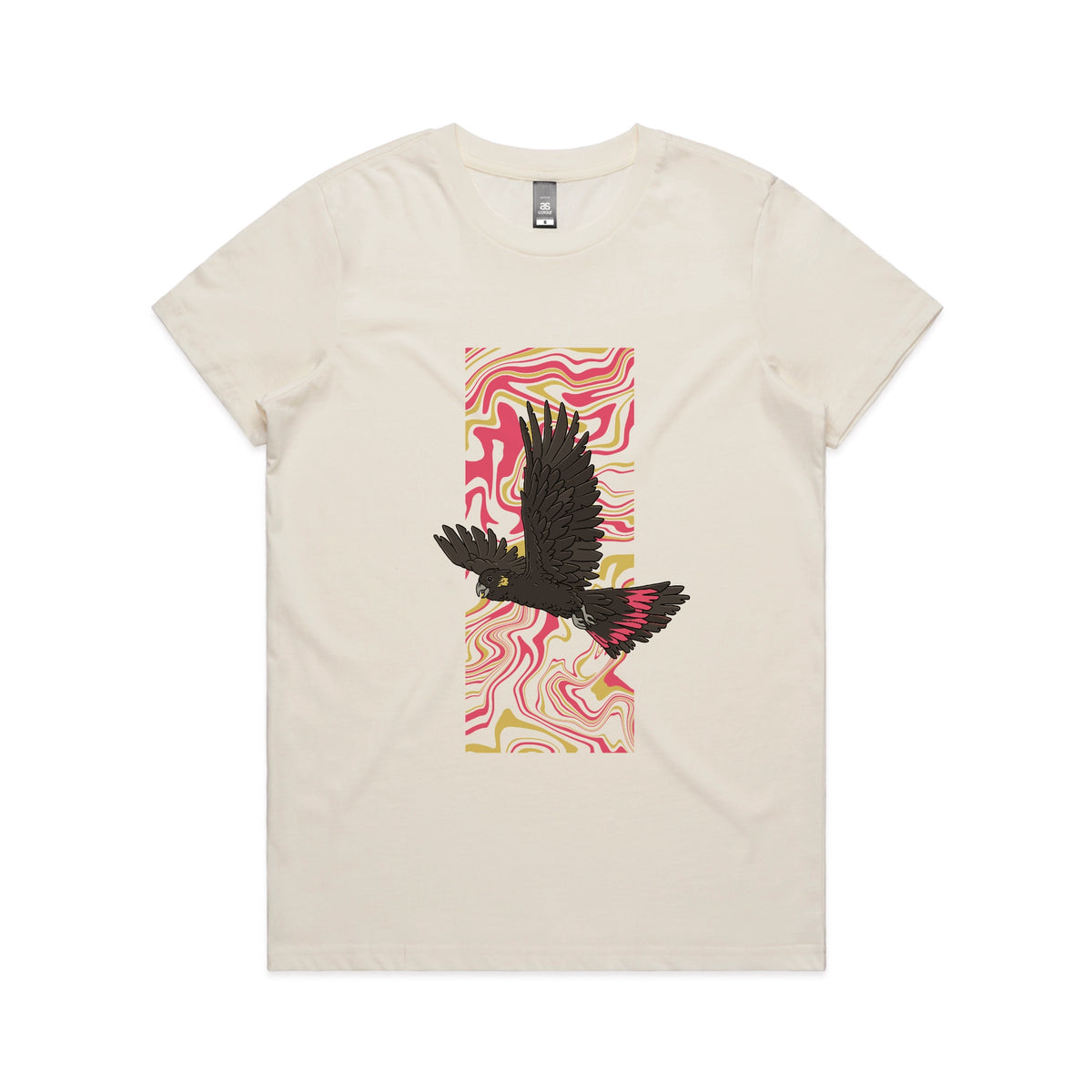Ecru fitted womens t-shirt with Black Cockatoo Swirl graphic by Lonely Kids Club