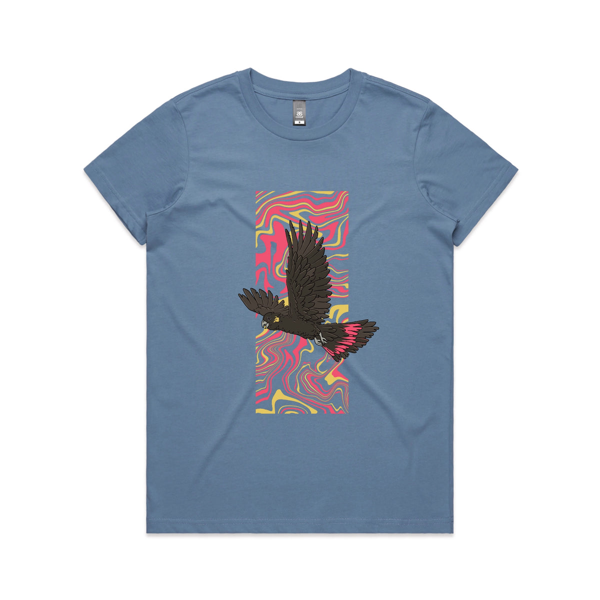 Carolina Blue fitted womens t-shirt with Black Cockatoo Swirl graphic by Lonely Kids Club