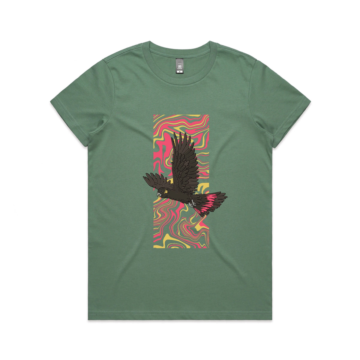 Sage fitted womens t-shirt with Black Cockatoo Swirl graphic by Lonely Kids Club