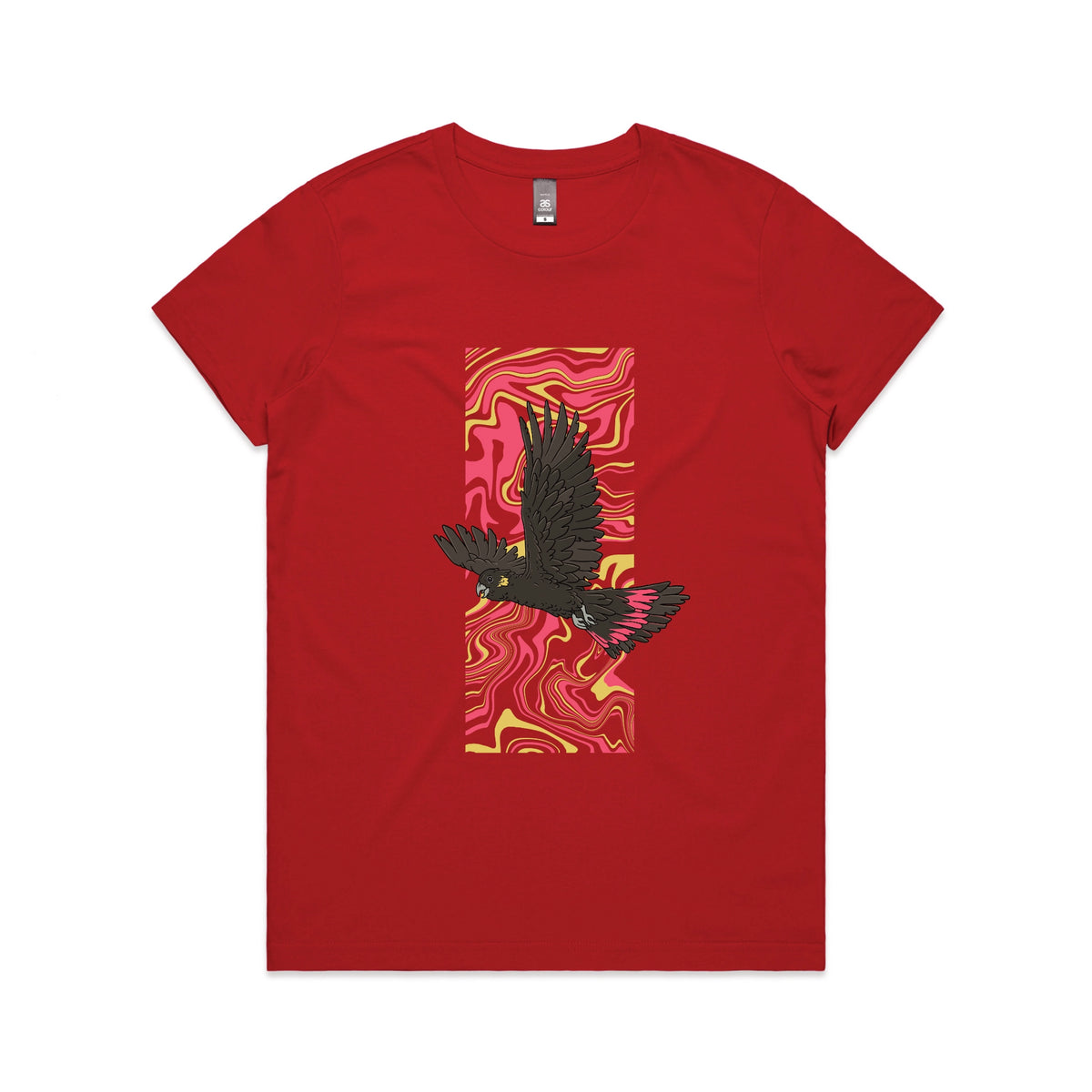 Red fitted womens t-shirt with Black Cockatoo Swirl graphic by Lonely Kids Club