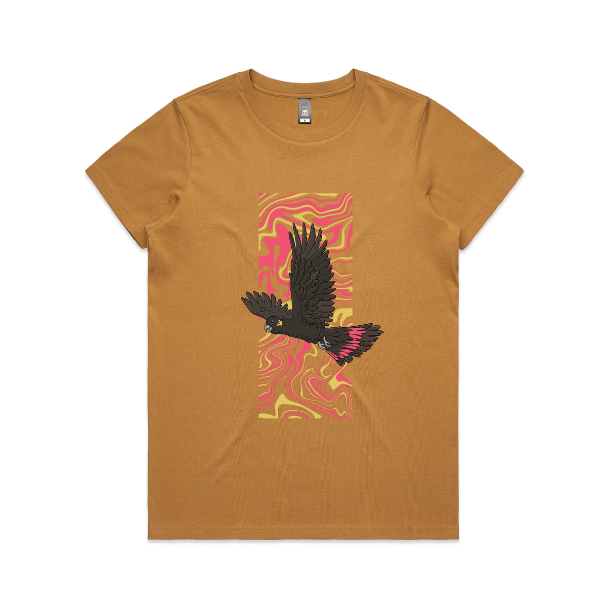 Camel fitted womens t-shirt with Black Cockatoo Swirl graphic by Lonely Kids Club