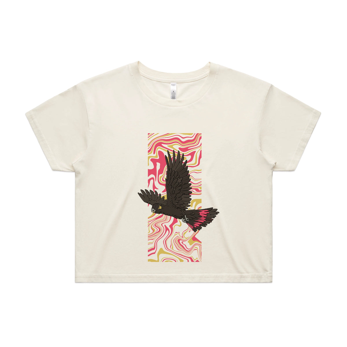 Ecru crop top with Black Cockatoo Swirl graphic by Lonely Kids Club